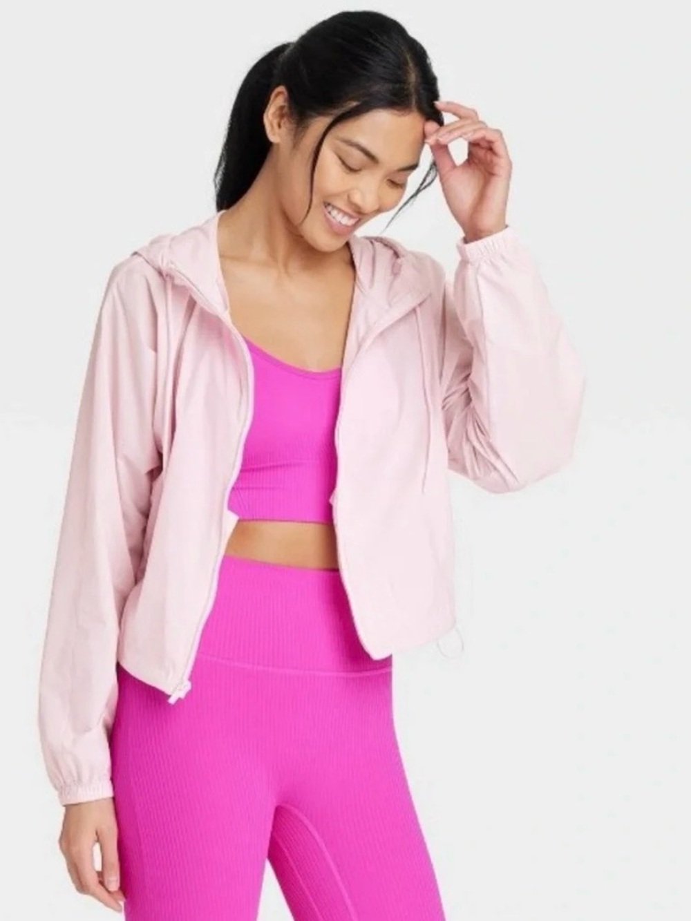 All in Motion Pink Nylon Full Zip Hoodie Cropped Windbreaker